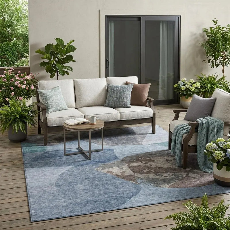 5' X 8' Denim Blue And Blue Abstract Washable Indoor Outdoor Area Rug Homeroots Outdoor