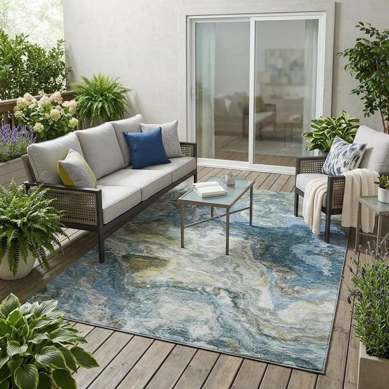 5' X 8' Denim Blue And Blue Abstract Washable Indoor Outdoor Area Rug Homeroots Outdoor
