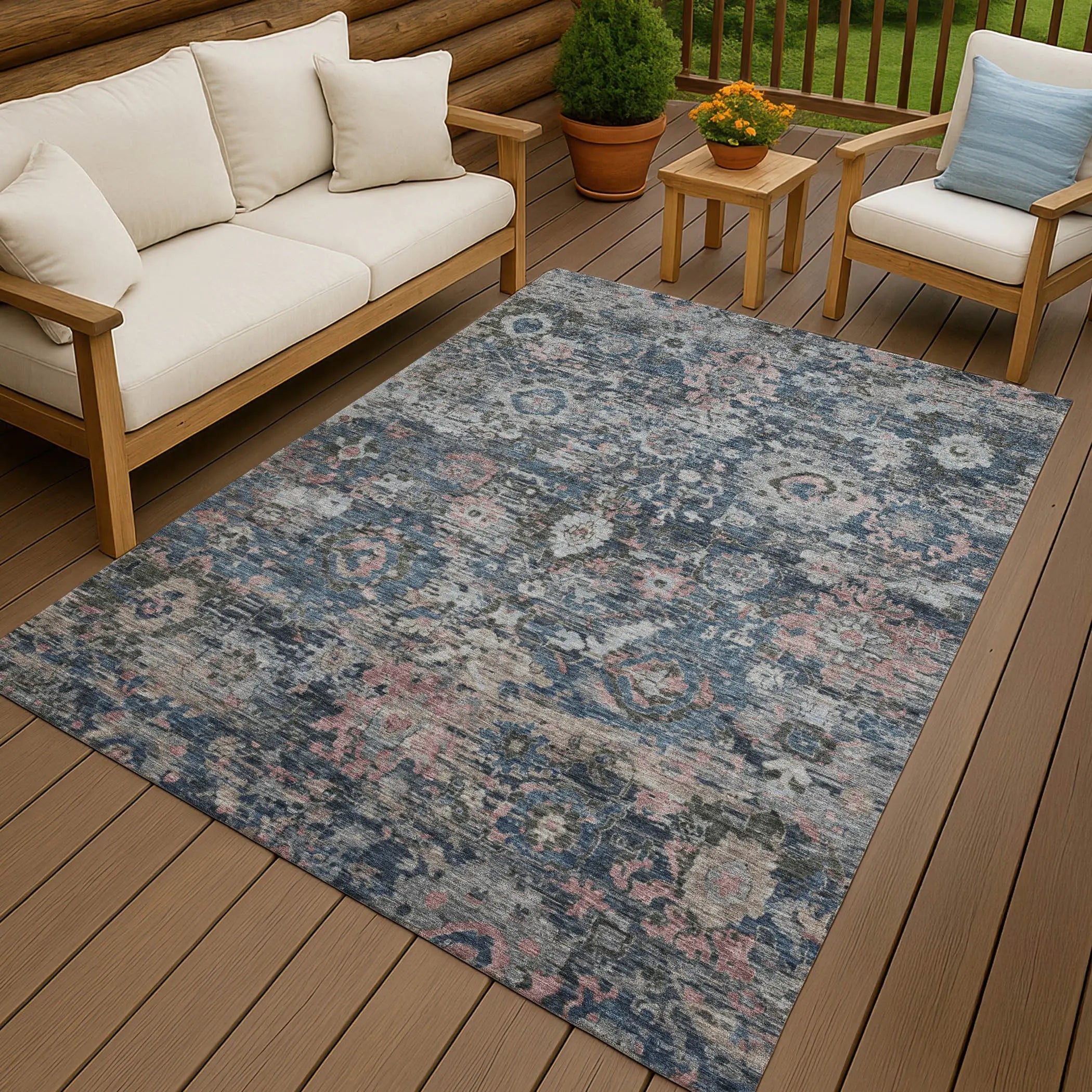 5' X 8' Denim Blue And Blue Floral Washable Indoor Outdoor Area Rug Homeroots Outdoor