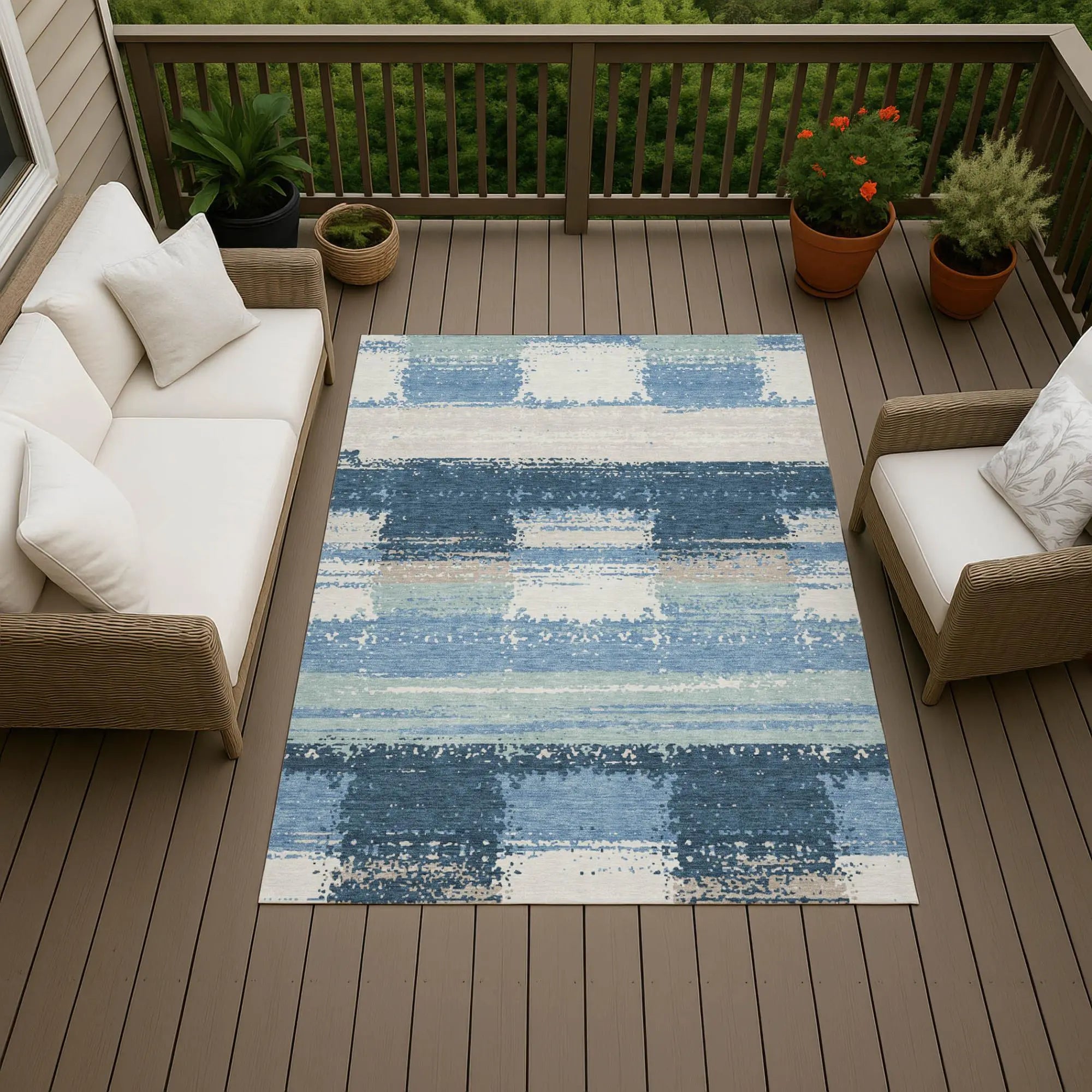 5' X 8' Denim Blue And Blue Geometric Washable Indoor Outdoor Area Rug Homeroots Outdoor