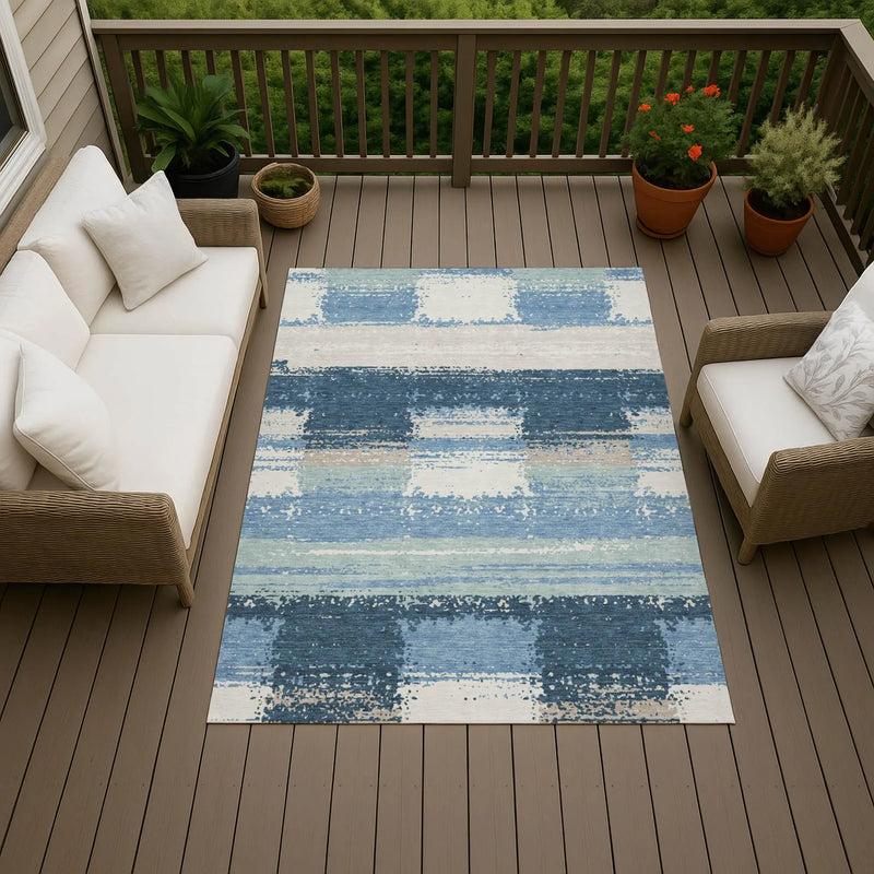 5' X 8' Denim Blue And Blue Geometric Washable Indoor Outdoor Area Rug Homeroots Outdoor