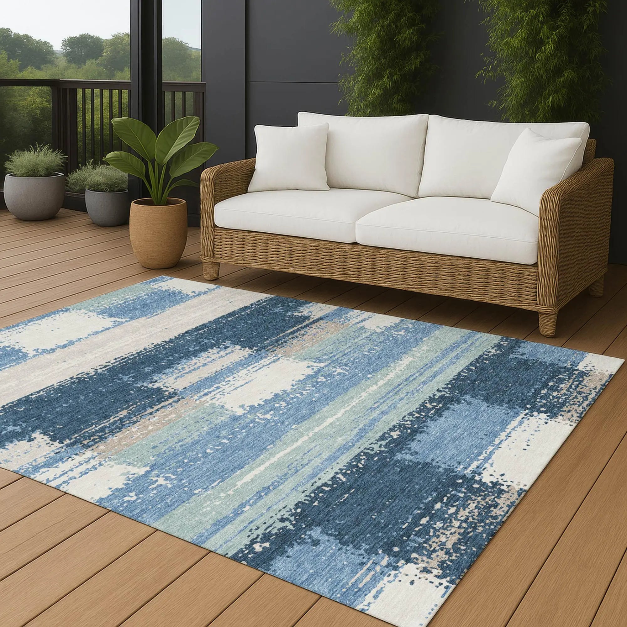 5' X 8' Denim Blue And Blue Geometric Washable Indoor Outdoor Area Rug Homeroots Outdoor