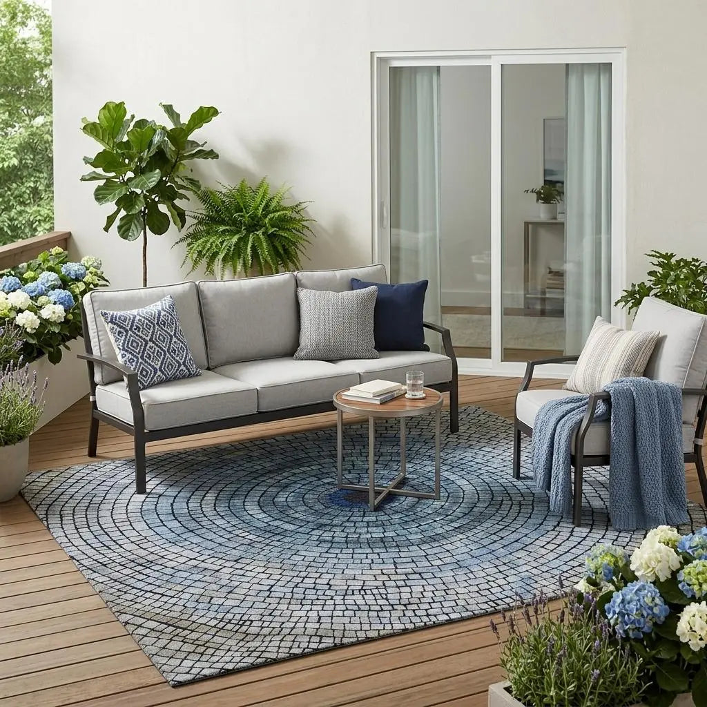 5' X 8' Denim Blue And Blue Geometric Washable Indoor Outdoor Area Rug Homeroots Outdoor