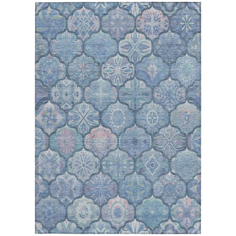 5' X 8' Denim Blue And Blue Ogee Washable Indoor Outdoor Area Rug Homeroots Outdoor