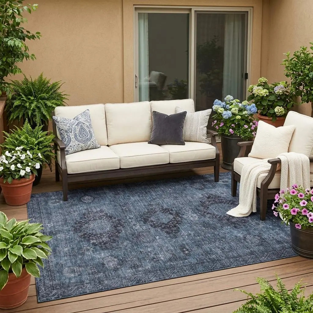5' X 8' Denim Blue And Blue Oriental Washable Indoor Outdoor Area Rug Homeroots Outdoor