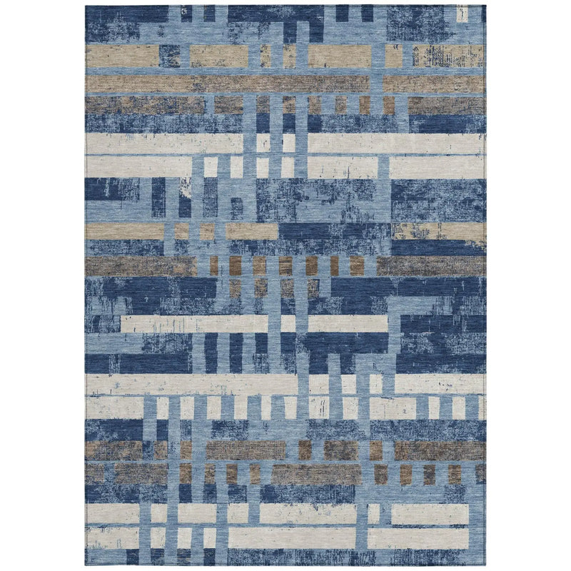 5' X 8' Denim Blue And Blue Striped Washable Indoor Outdoor Area Rug Homeroots Outdoor
