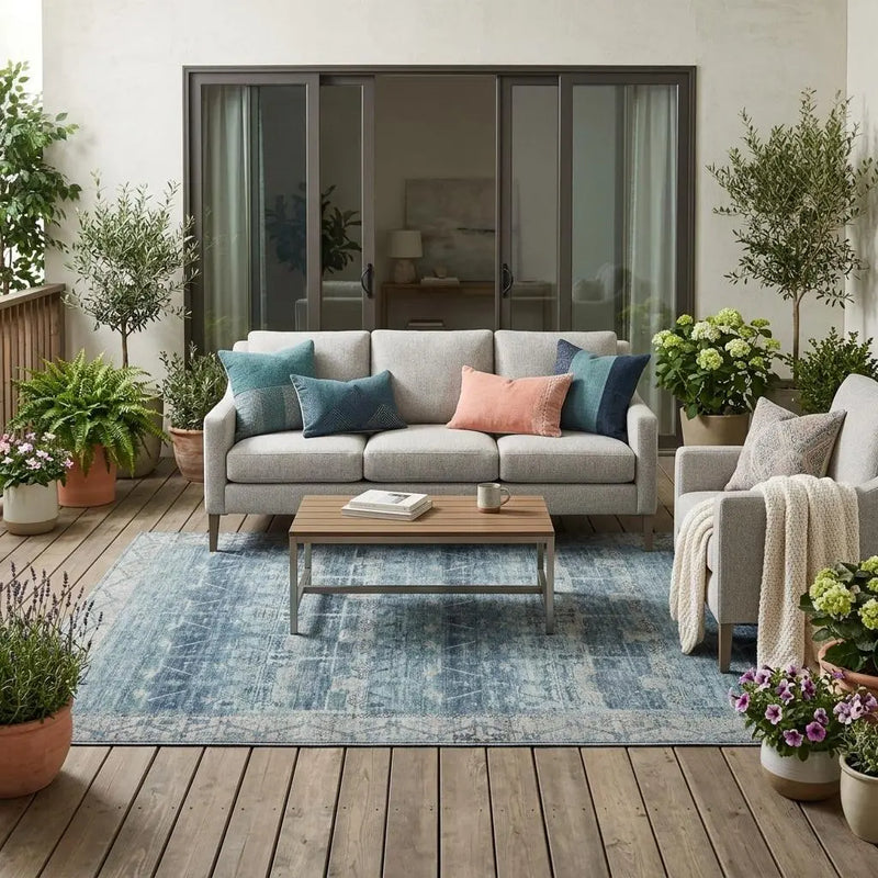 5' X 8' Denim Blue And Blue Tribal Washable Indoor Outdoor Area Rug Homeroots Outdoor