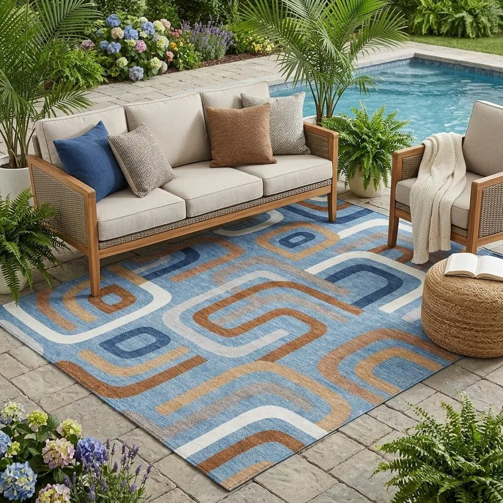 5' X 8' Denim Blue And Copper Geometric Washable Indoor Outdoor Area Rug Homeroots Outdoor