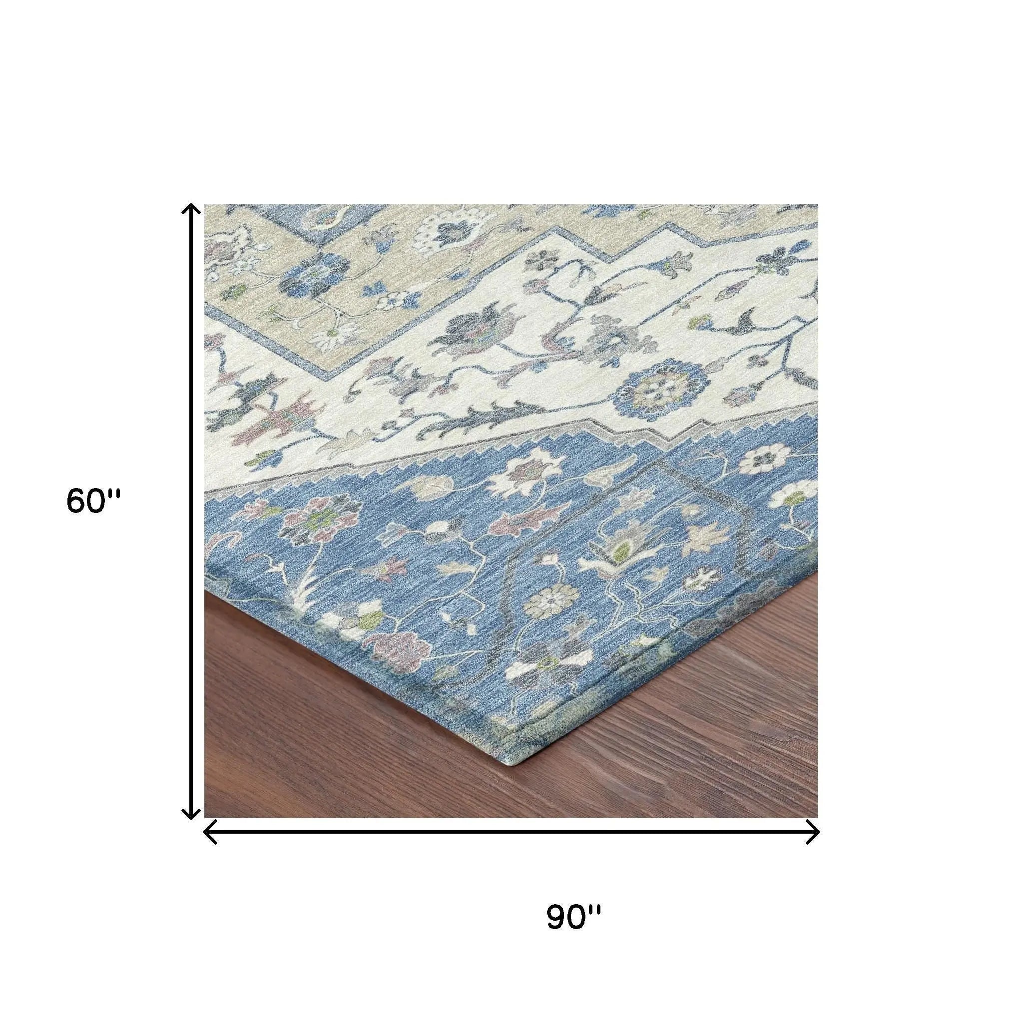 5' X 8' Denim Blue And Ivory Floral Medallion Washable Indoor Outdoor Area Rug Homeroots Outdoor