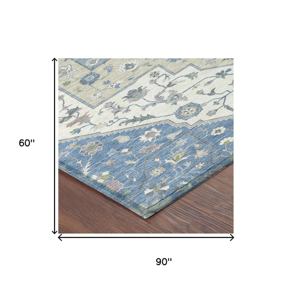 5' X 8' Denim Blue And Ivory Floral Medallion Washable Indoor Outdoor Area Rug Homeroots Outdoor