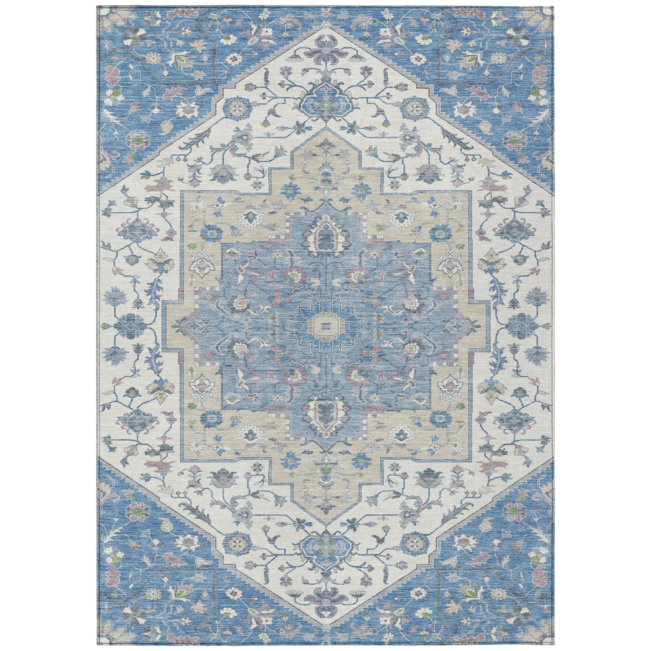 5' X 8' Denim Blue And Ivory Floral Medallion Washable Indoor Outdoor Area Rug Homeroots Outdoor