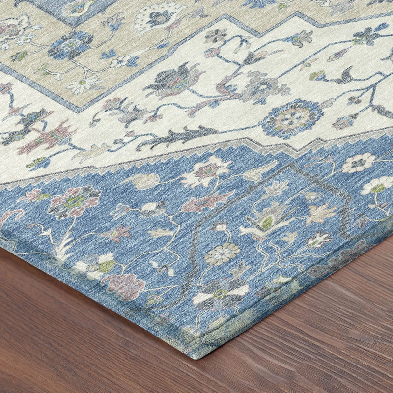 5' X 8' Denim Blue And Ivory Floral Medallion Washable Indoor Outdoor Area Rug Homeroots Outdoor
