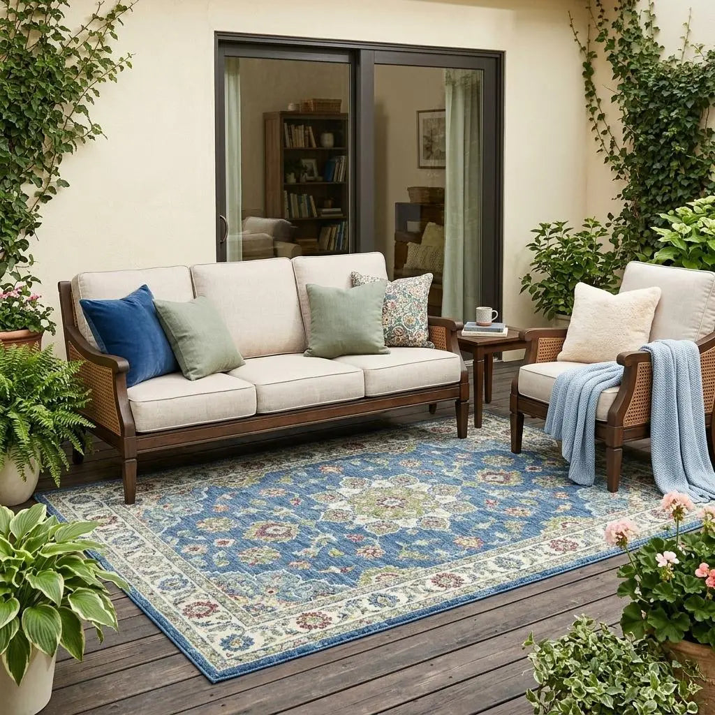 5' X 8' Denim Blue And Ivory Floral Medallion Washable Indoor Outdoor Area Rug Homeroots Outdoor