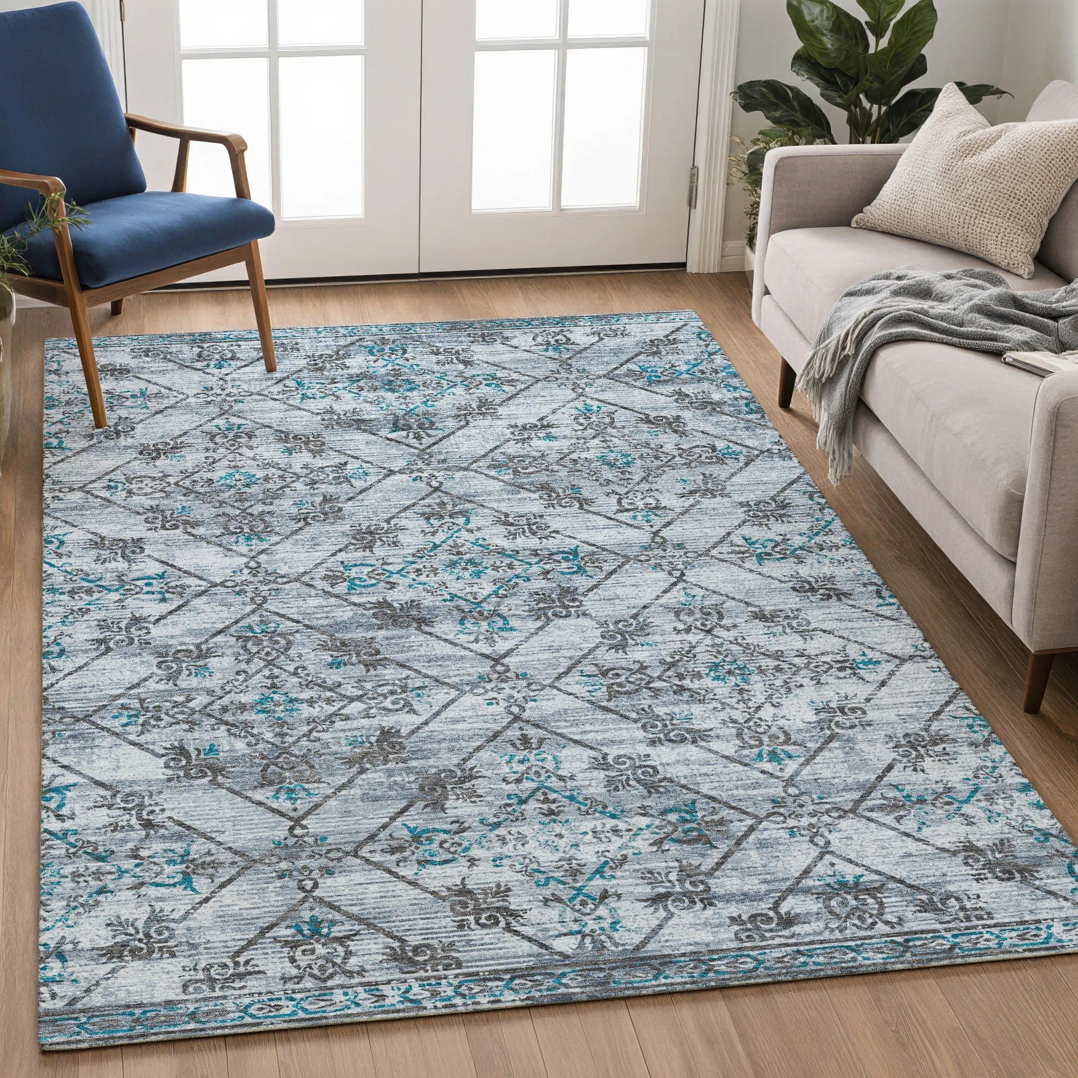 5' X 8' Denim Blue And Ivory Geometric Washable Indoor Outdoor Area Rug Homeroots Outdoor