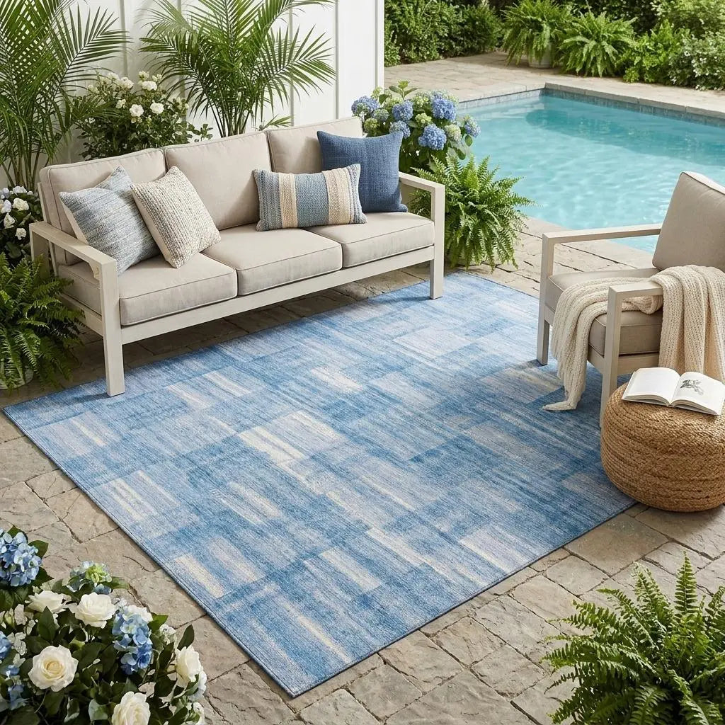 5' X 8' Denim Blue And Ivory Striped Washable Indoor Outdoor Area Rug Homeroots Outdoor
