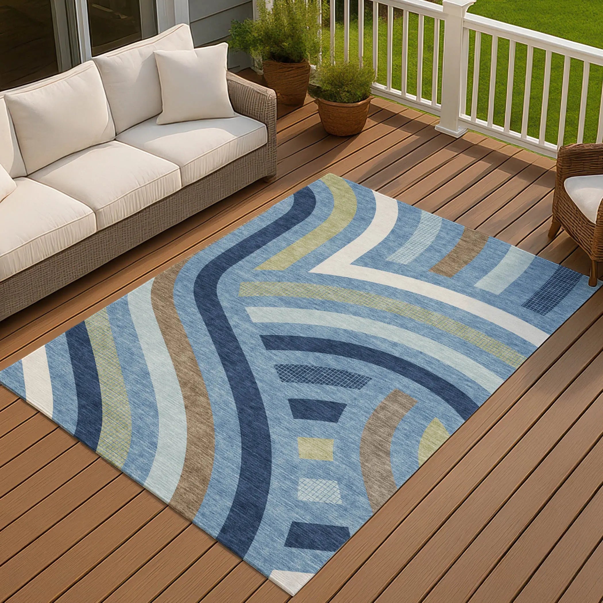 5' X 8' Denim Blue And Navy Blue Abstract Washable Indoor Outdoor Area Rug Homeroots Outdoor