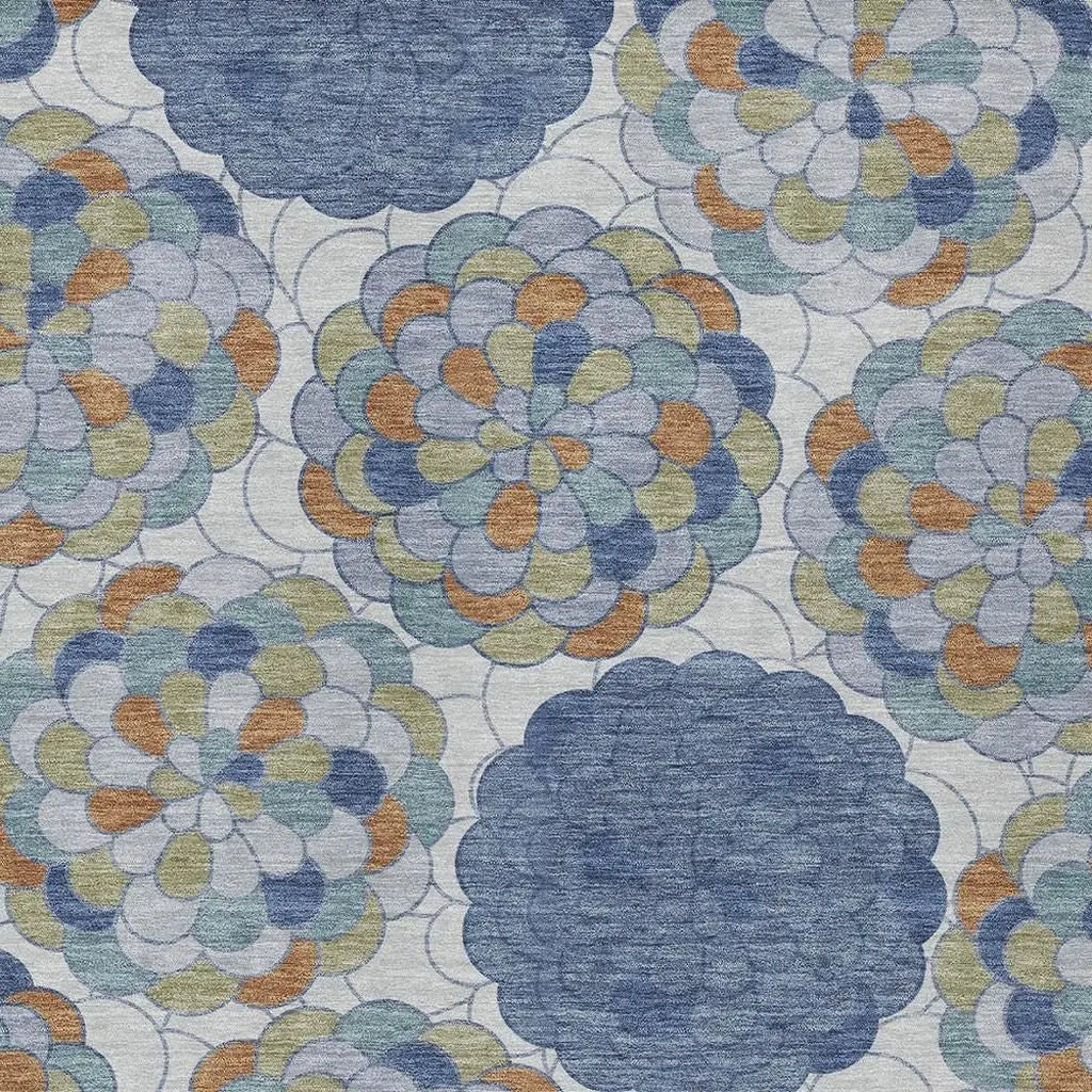 5' X 8' Denim Blue And Silver Floral Washable Indoor Outdoor Area Rug Homeroots Outdoor
