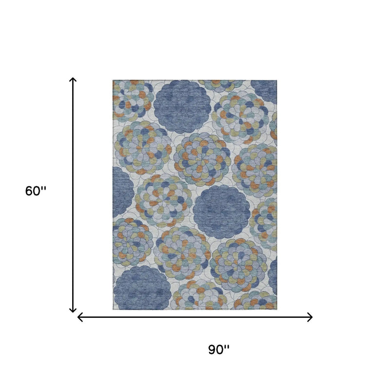 5' X 8' Denim Blue And Silver Floral Washable Indoor Outdoor Area Rug Homeroots Outdoor