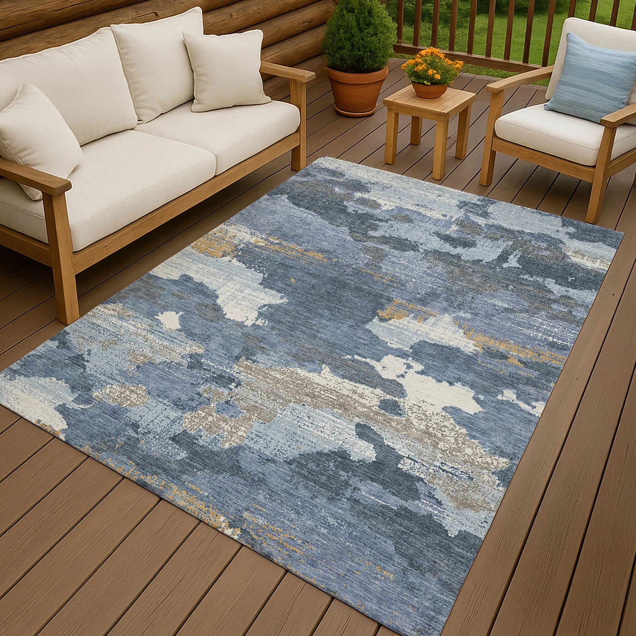 5' X 8' Denim Blue And Sky Blue Abstract Washable Indoor Outdoor Area Rug Homeroots Outdoor