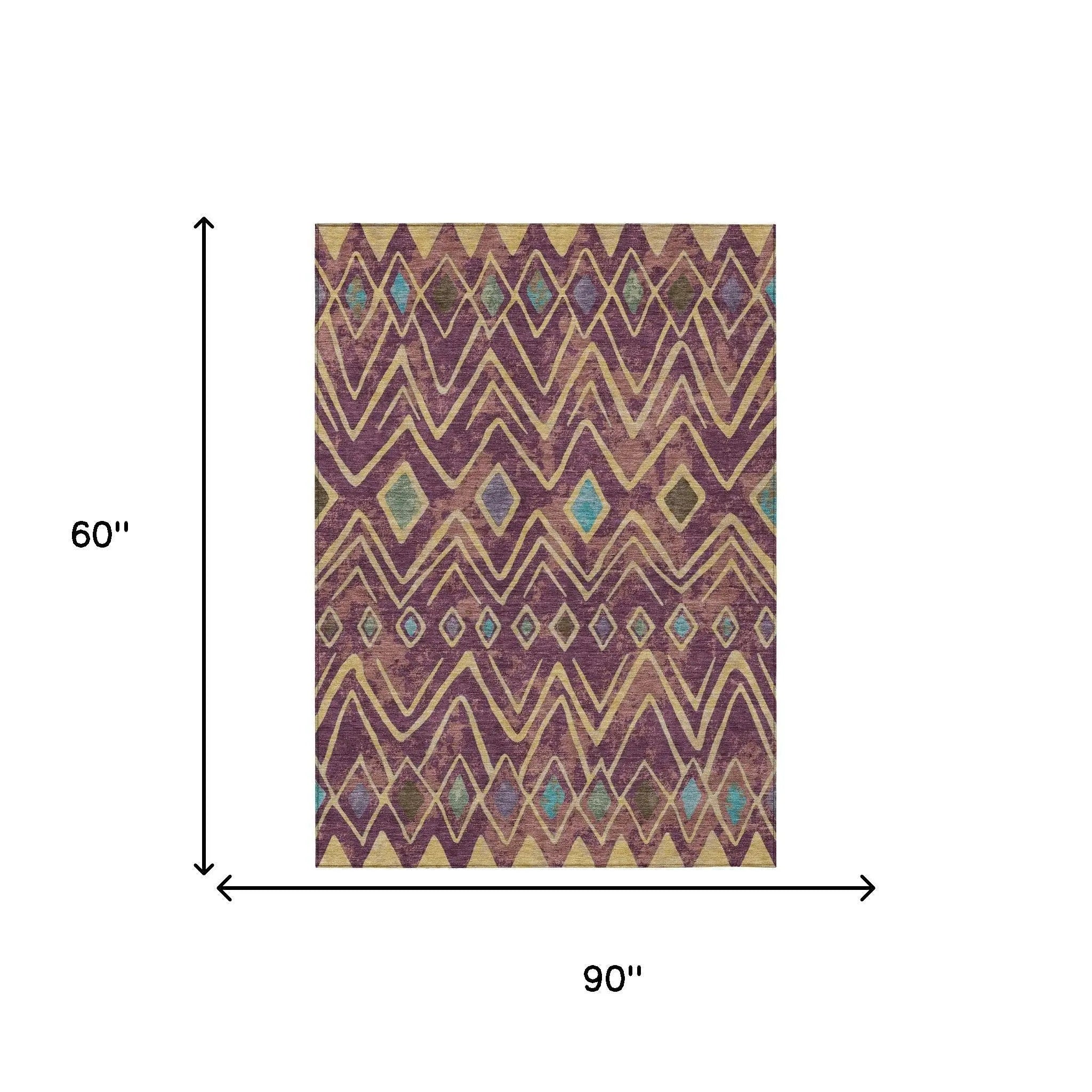 5' X 8' Eggplant And Blue Geometric Washable Indoor Outdoor Area Rug Homeroots Outdoor