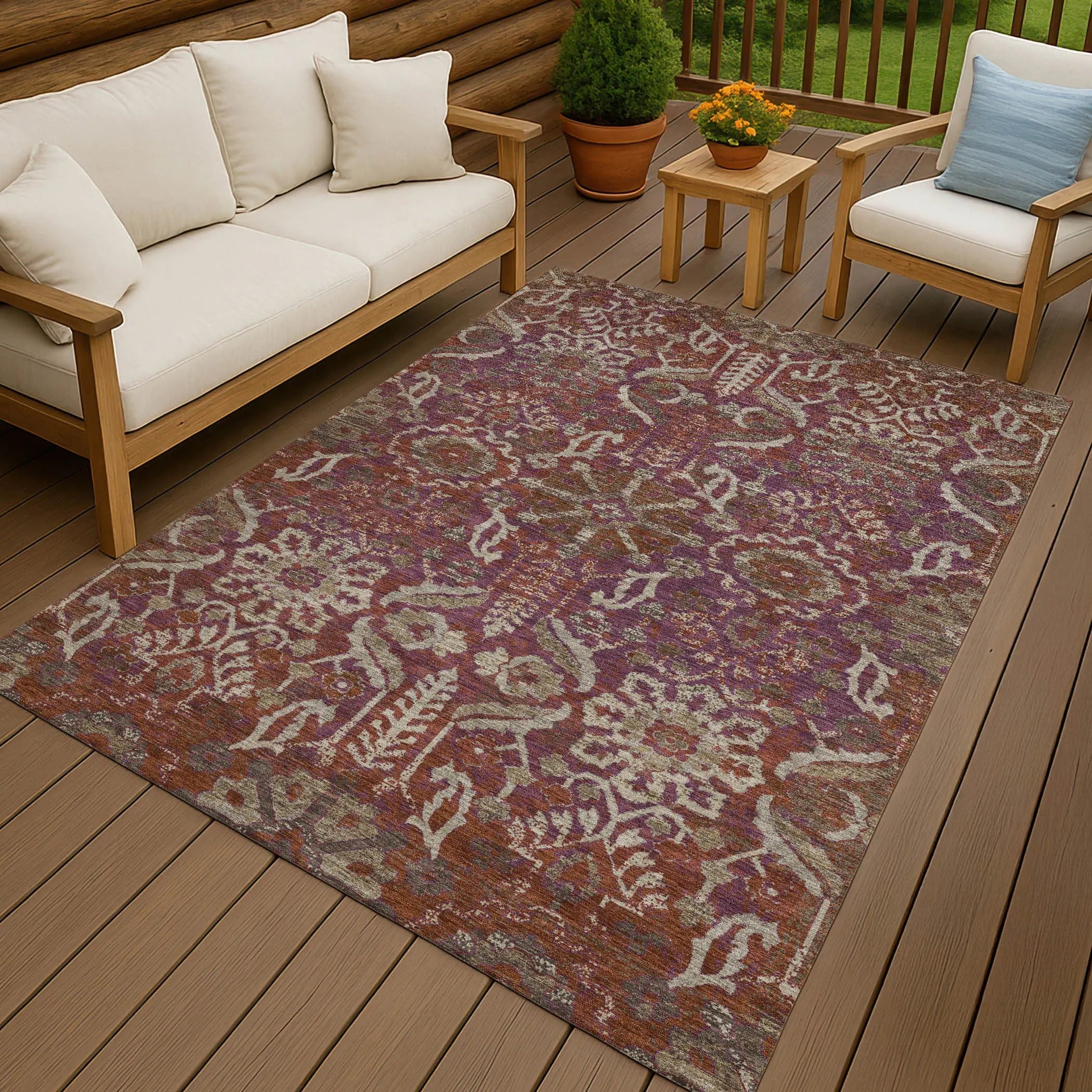 5' X 8' Eggplant And Purple Damask Washable Indoor Outdoor Area Rug Homeroots Outdoor