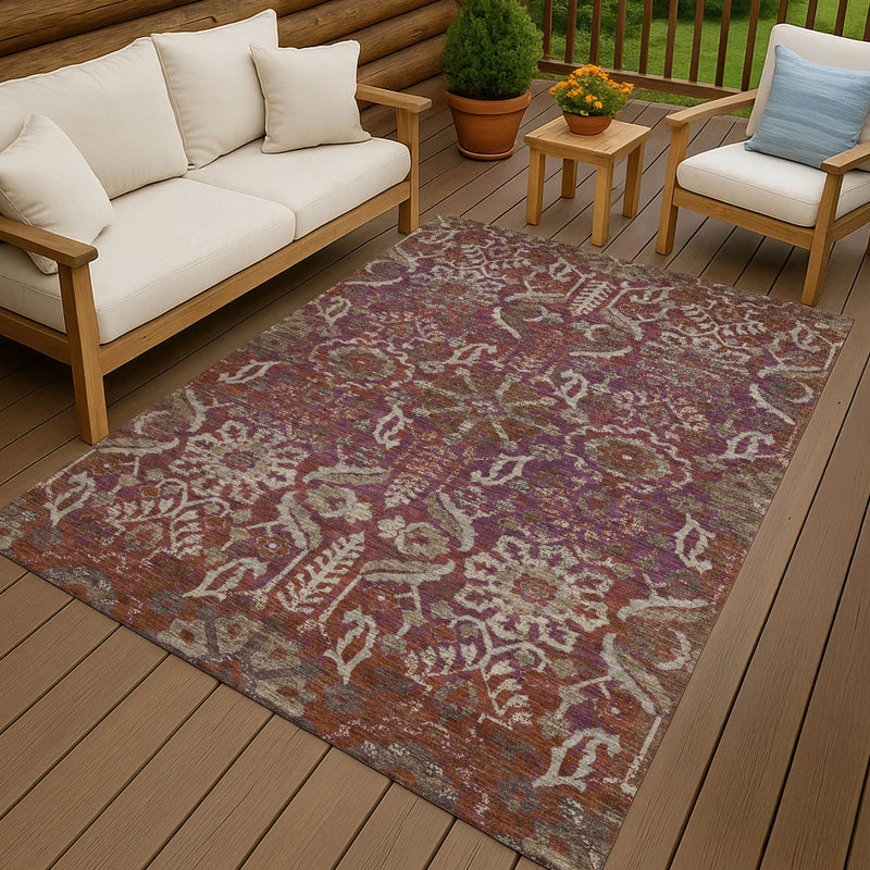 5' X 8' Eggplant And Purple Damask Washable Indoor Outdoor Area Rug Homeroots Outdoor