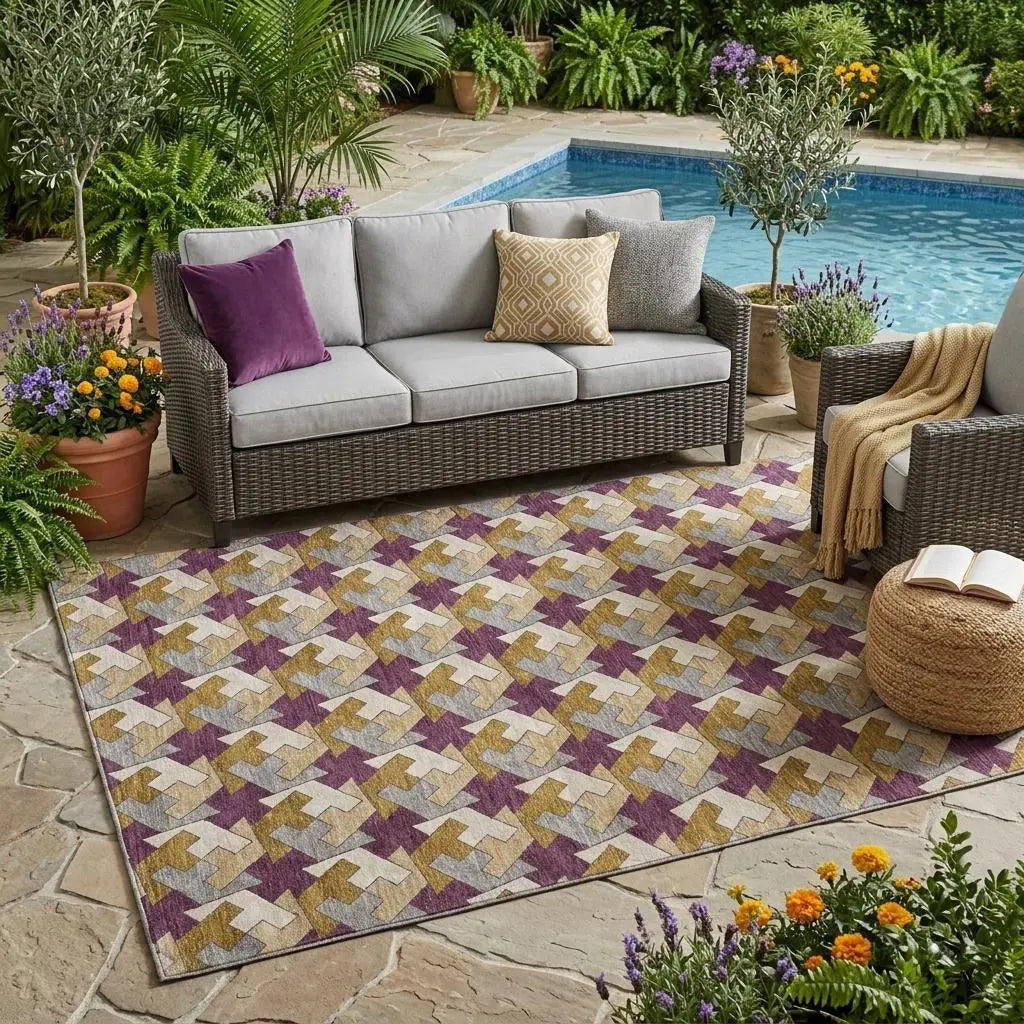 5' X 8' Eggplant And Purple Geometric Washable Indoor Outdoor Area Rug Homeroots Outdoor