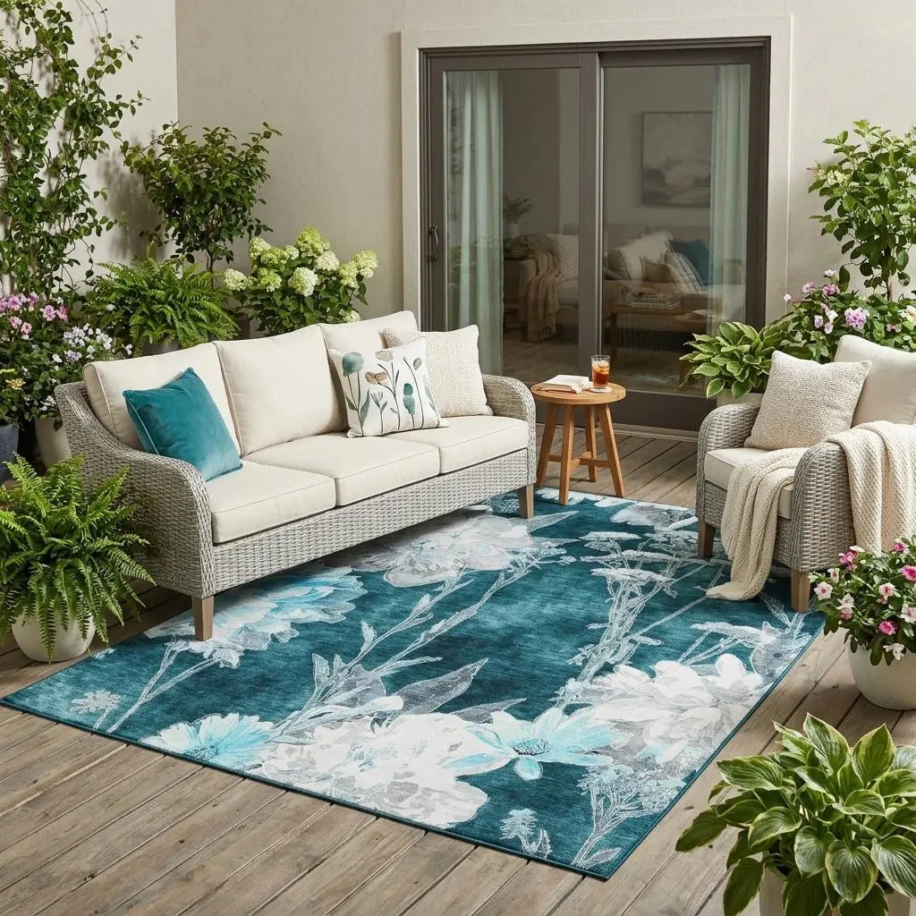 5' X 8' Emerald And Green Floral Washable Indoor Outdoor Area Rug Homeroots Outdoor