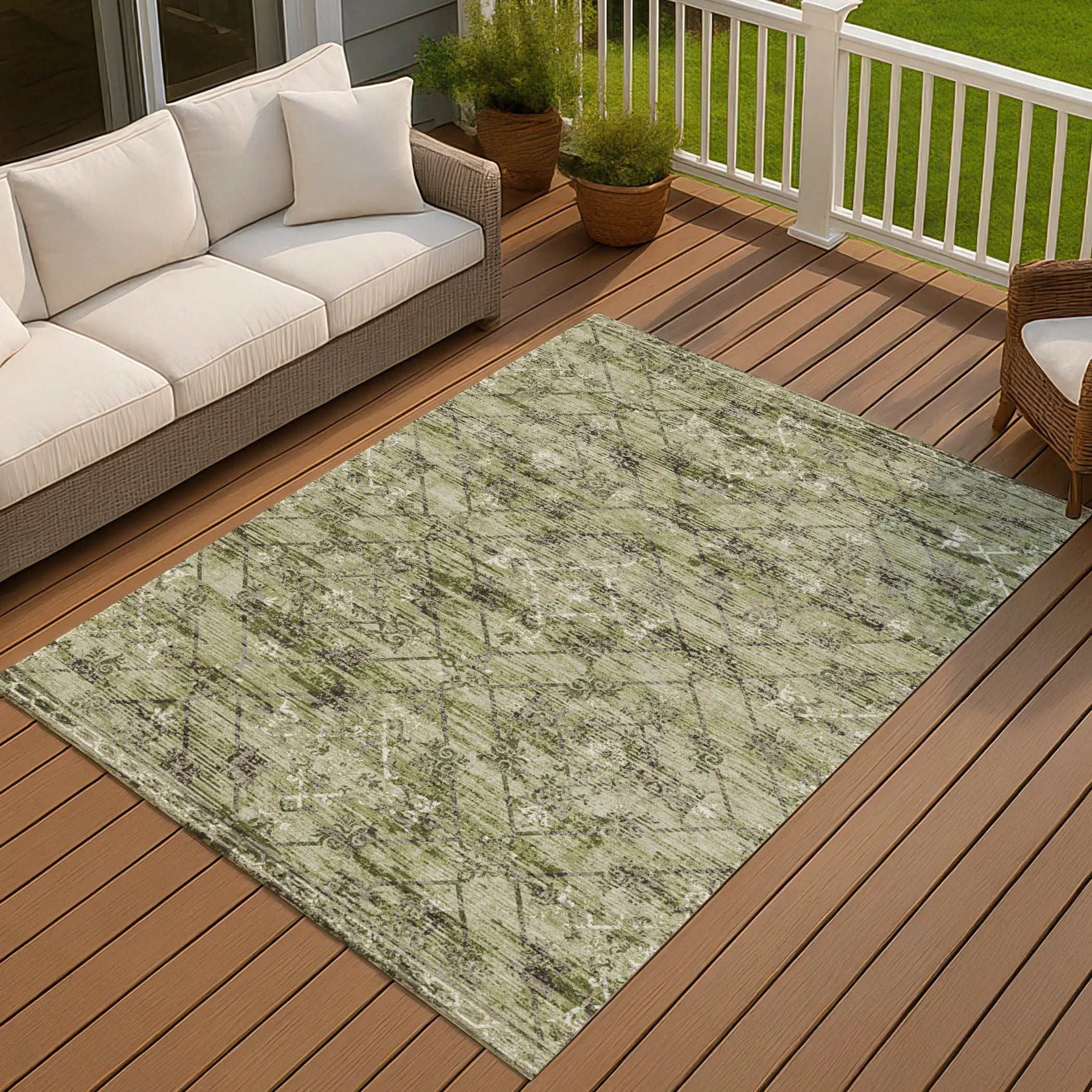 5' X 8' Fern Green And Brown Geometric Washable Indoor Outdoor Area Rug Homeroots Outdoor