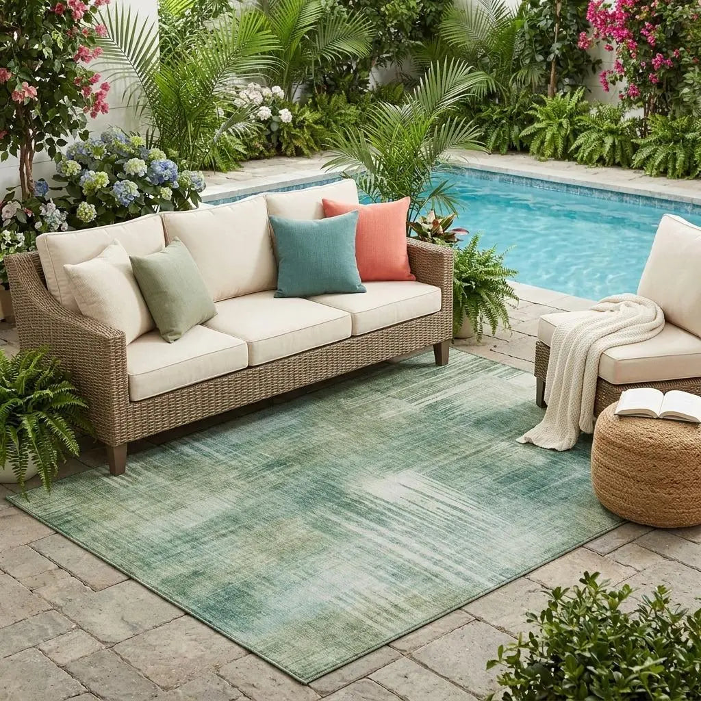5' X 8' Fern Green And Green Abstract Washable Indoor Outdoor Area Rug Homeroots Outdoor