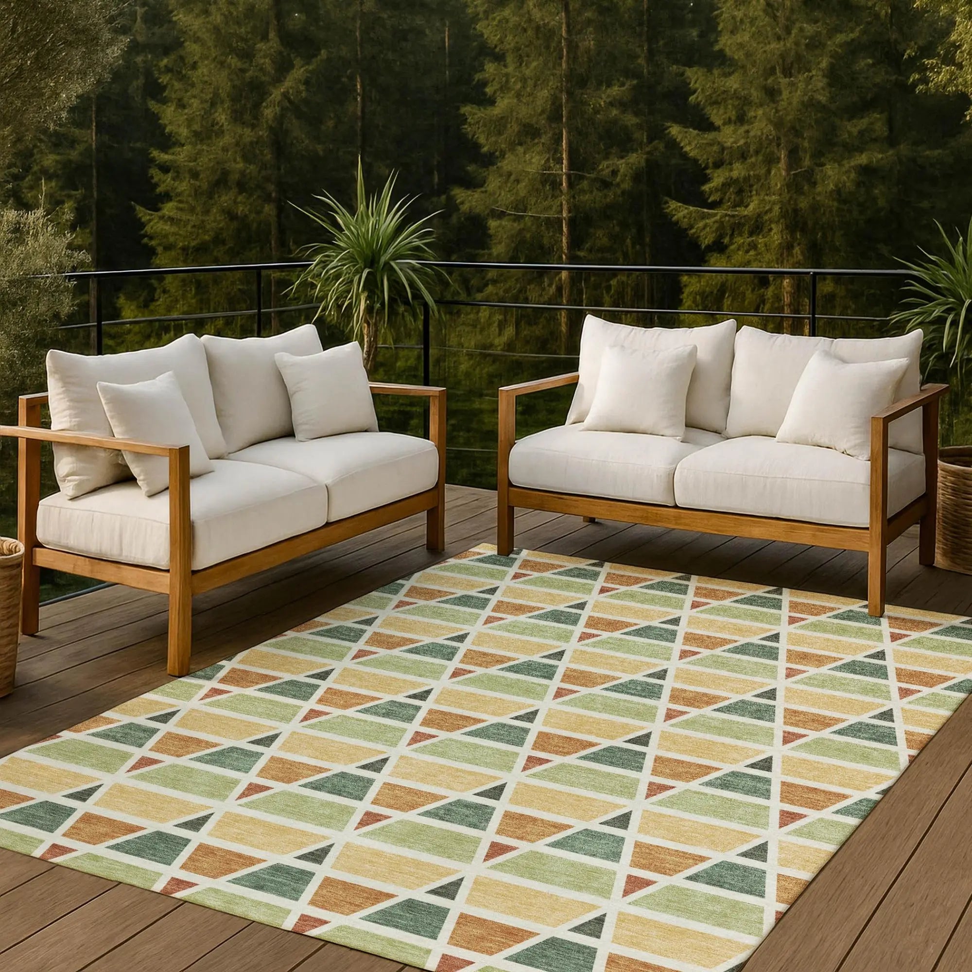 5' X 8' Fern Green And Green Geometric Washable Indoor Outdoor Area Rug Homeroots Outdoor