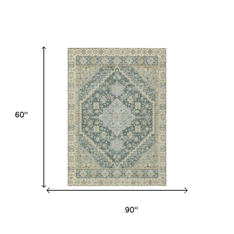 5' X 8' Fern Green And Green Oriental Washable Indoor Outdoor Area Rug Homeroots Outdoor