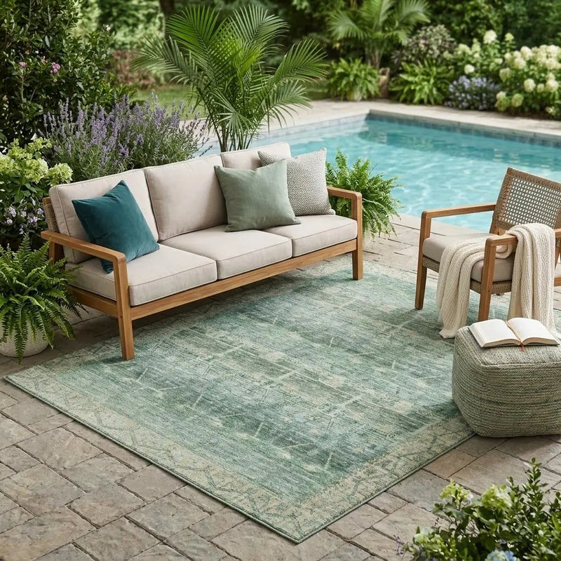 5' X 8' Fern Green And Green Tribal Washable Indoor Outdoor Area Rug Homeroots Outdoor