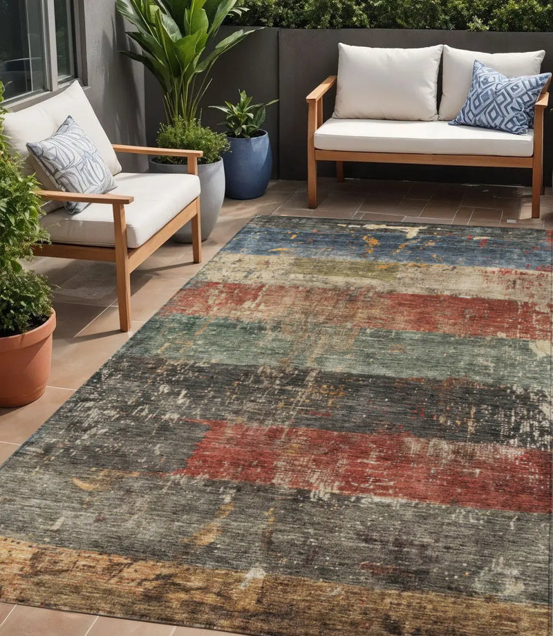 5' X 8' Fern Green Black And Terra Cotta Striped Washable Indoor Outdoor Area Rug Homeroots Outdoor