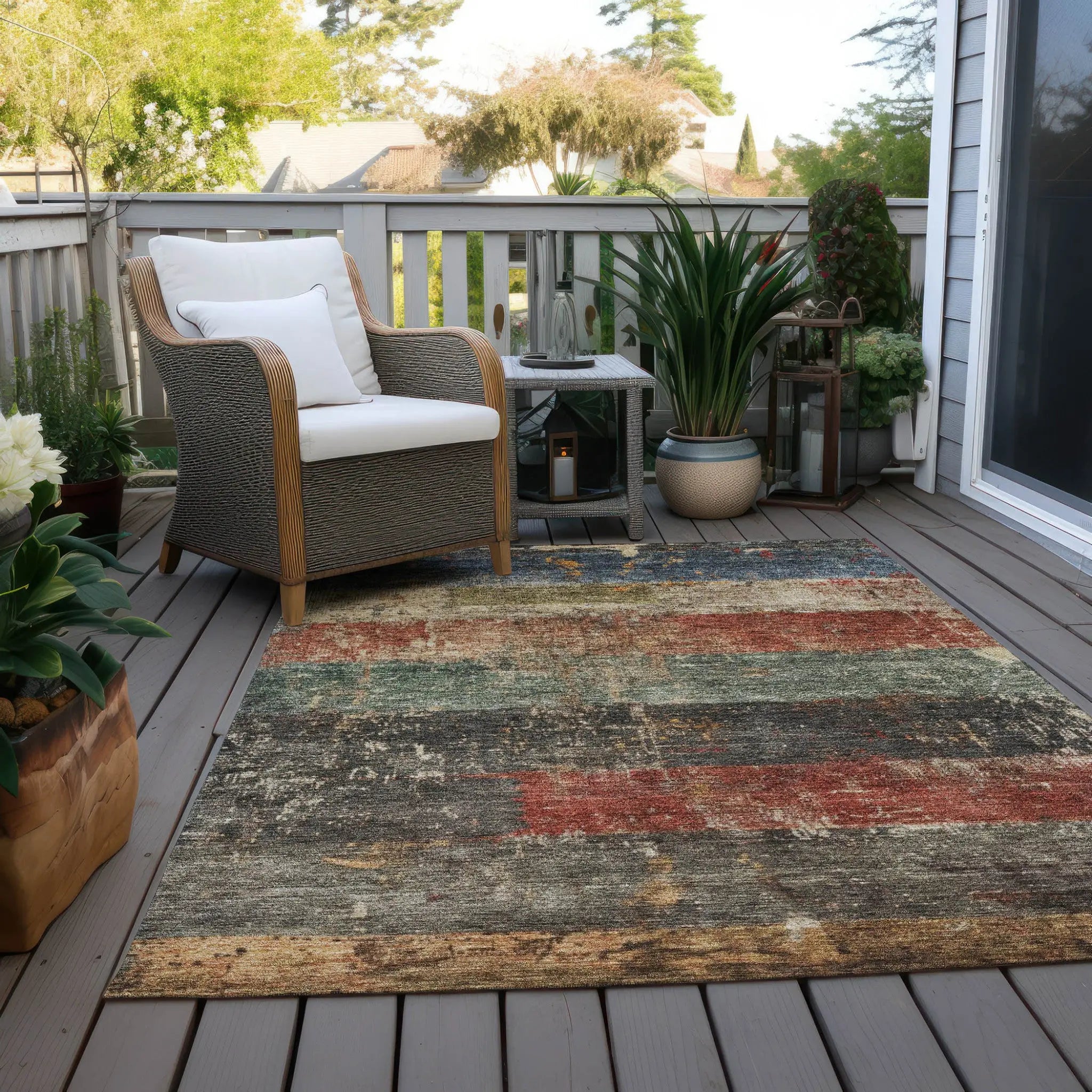 5' X 8' Fern Green Black And Terra Cotta Striped Washable Indoor Outdoor Area Rug Homeroots Outdoor