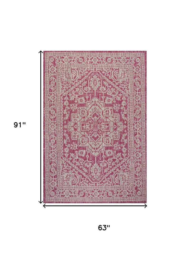 5' X 8' Fuchsia And Light Gray Medallion Indoor Outdoor Area Rug Homeroots Outdoor