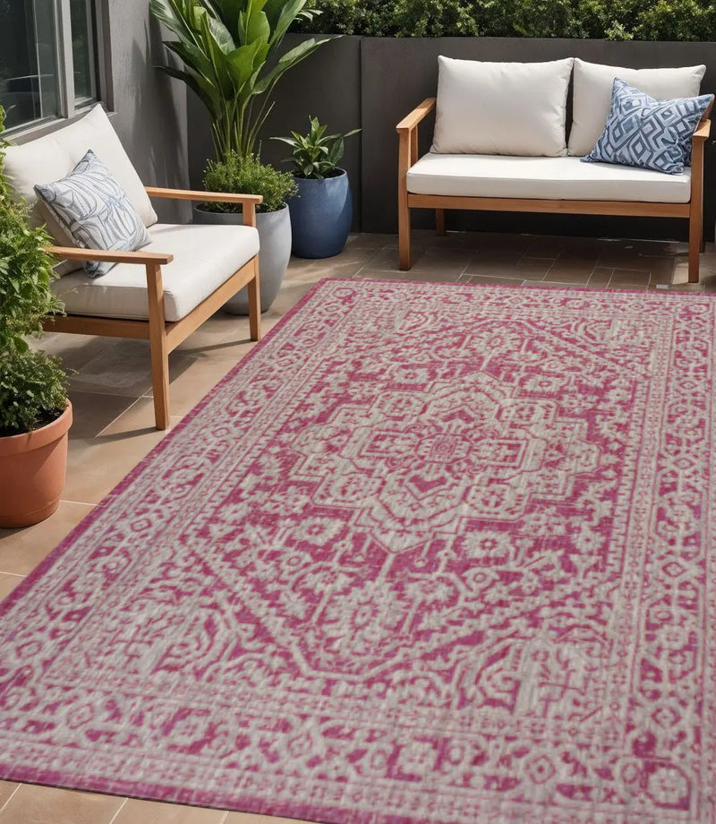 5' X 8' Fuchsia And Light Gray Medallion Indoor Outdoor Area Rug Homeroots Outdoor