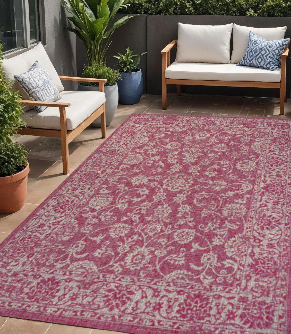 5' X 8' Fuchsia And Light Gray Medallion Indoor Outdoor Area Rug Homeroots Outdoor