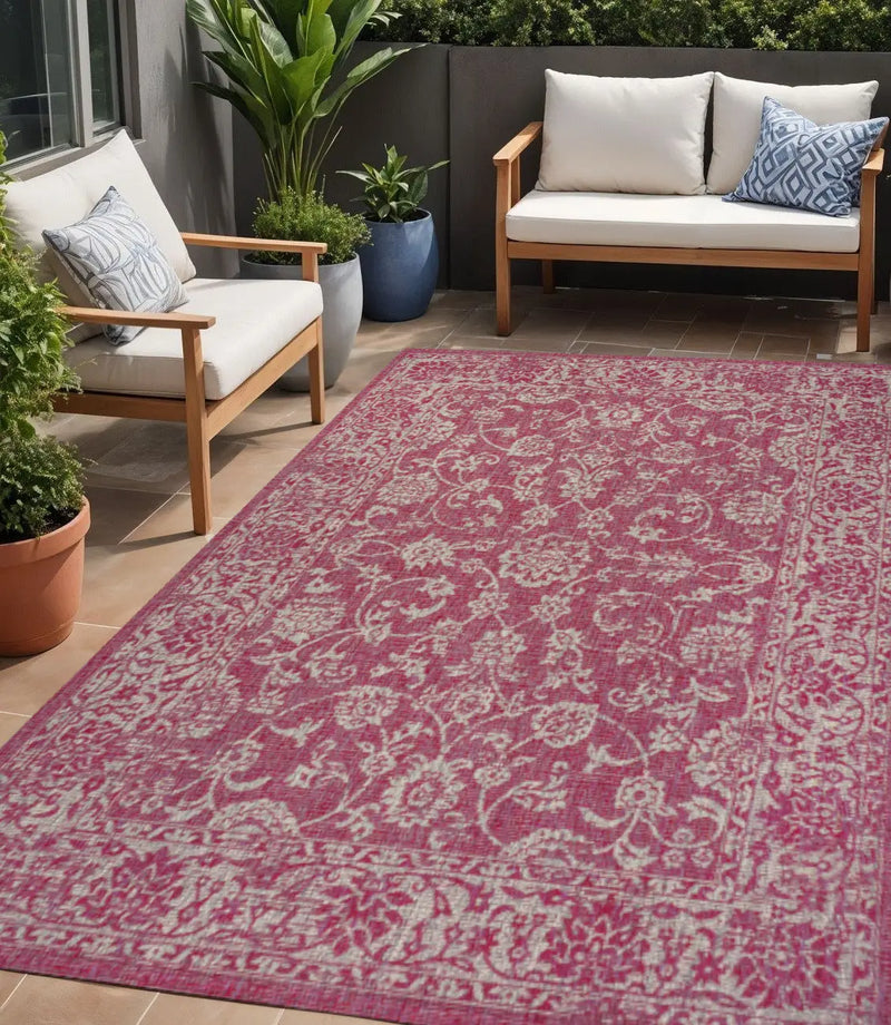 5' X 8' Fuchsia And Light Gray Medallion Indoor Outdoor Area Rug Homeroots Outdoor