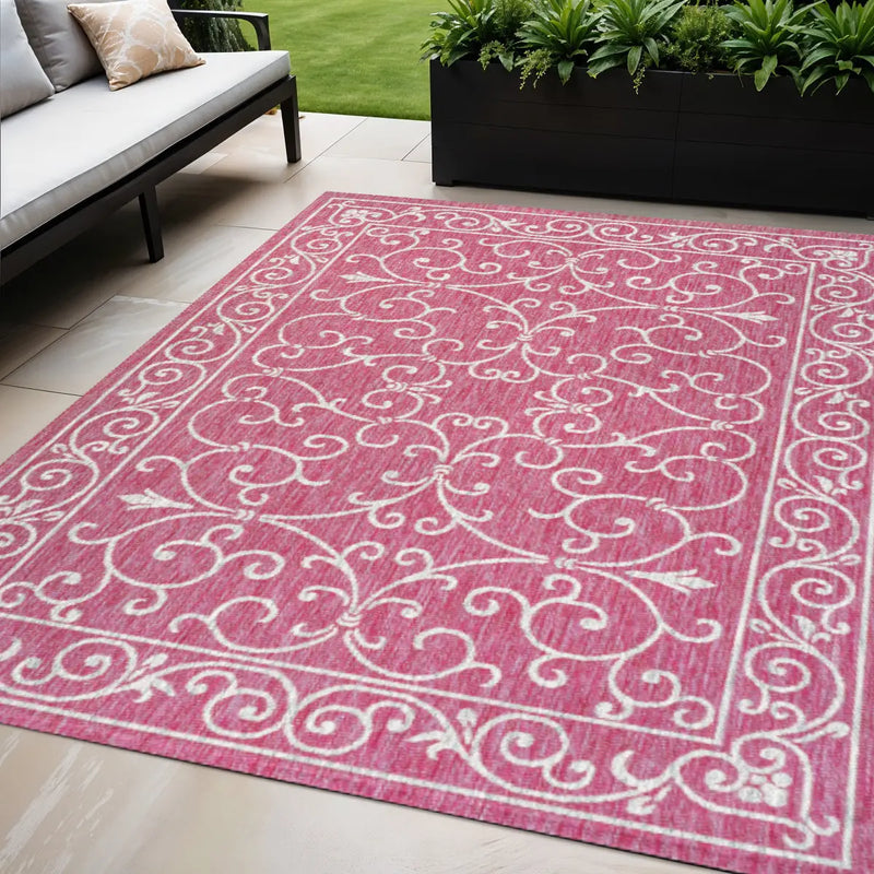 5' X 8' Fuchsia And Light Gray Medallion Indoor Outdoor Area Rug Homeroots Outdoor