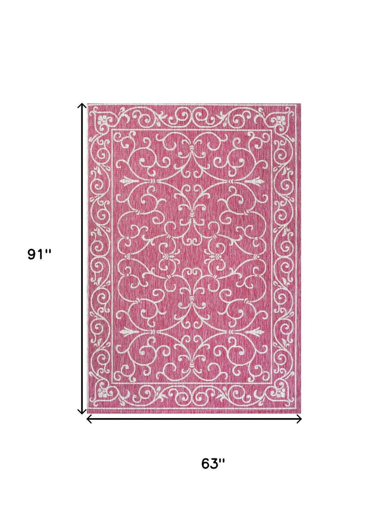 5' X 8' Fuchsia And Light Gray Medallion Indoor Outdoor Area Rug Homeroots Outdoor