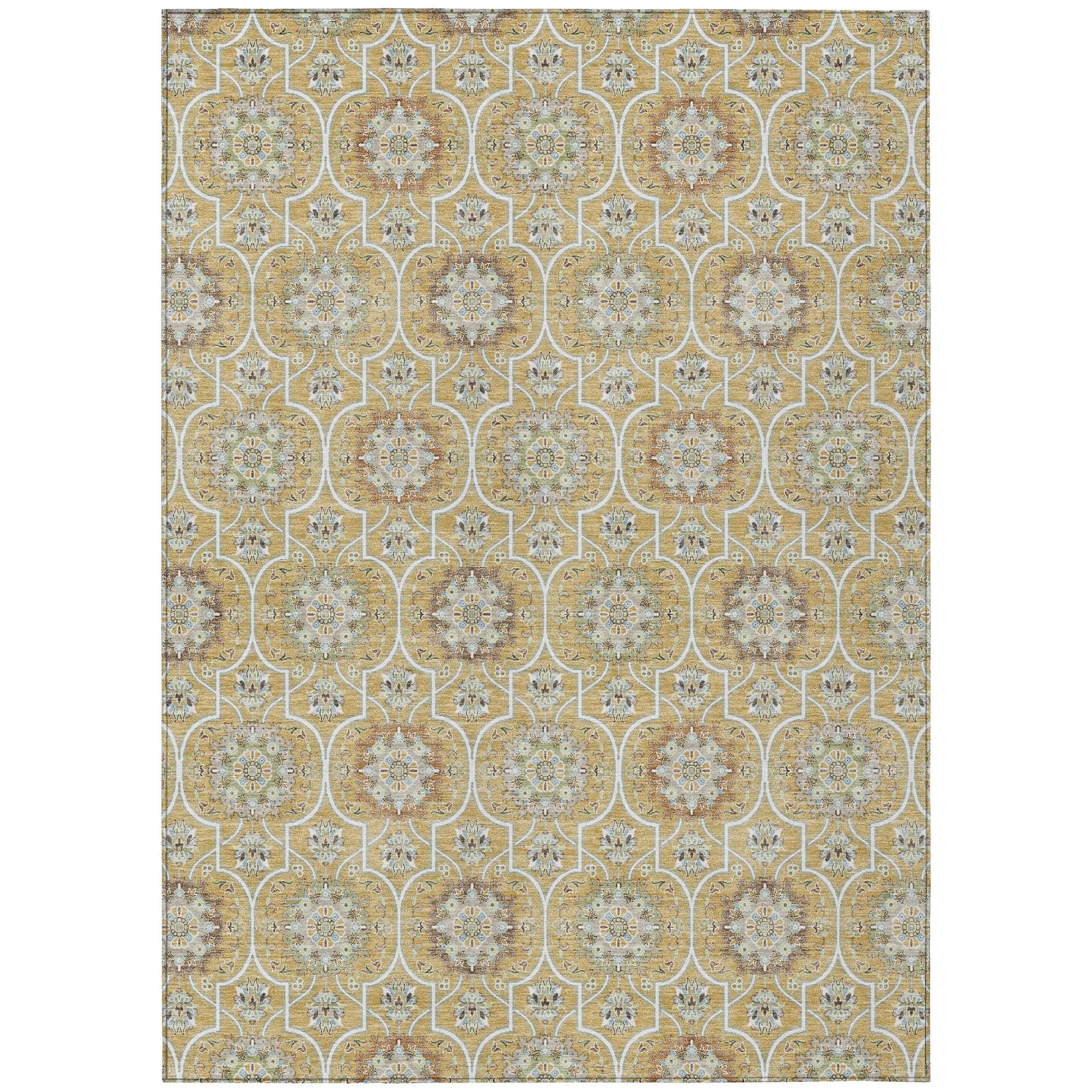 5' X 8' Gold And Beige Floral Medallion Washable Indoor Outdoor Area Rug Homeroots Outdoor