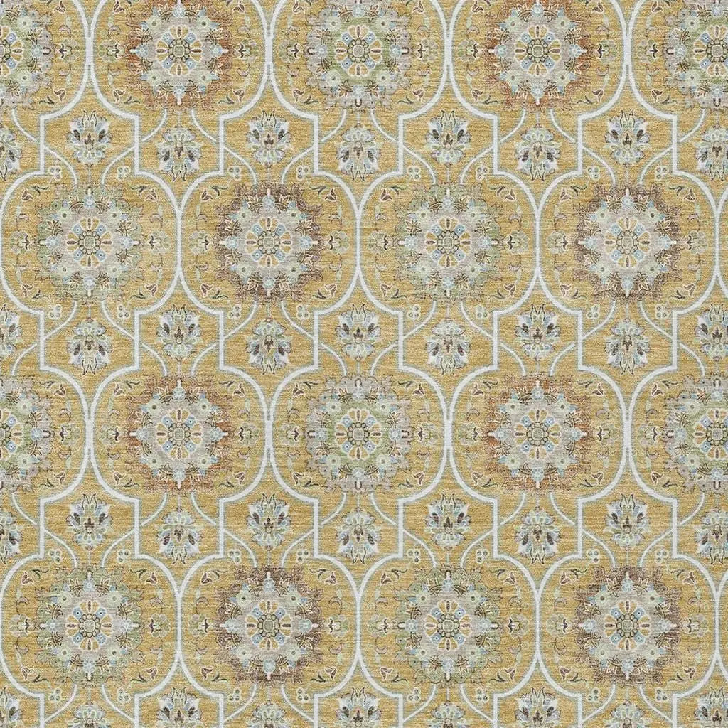 5' X 8' Gold And Beige Floral Medallion Washable Indoor Outdoor Area Rug Homeroots Outdoor