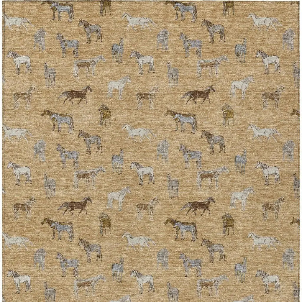 5' X 8' Gold And Beige Horse Washable Indoor Outdoor Area Rug Homeroots Outdoor