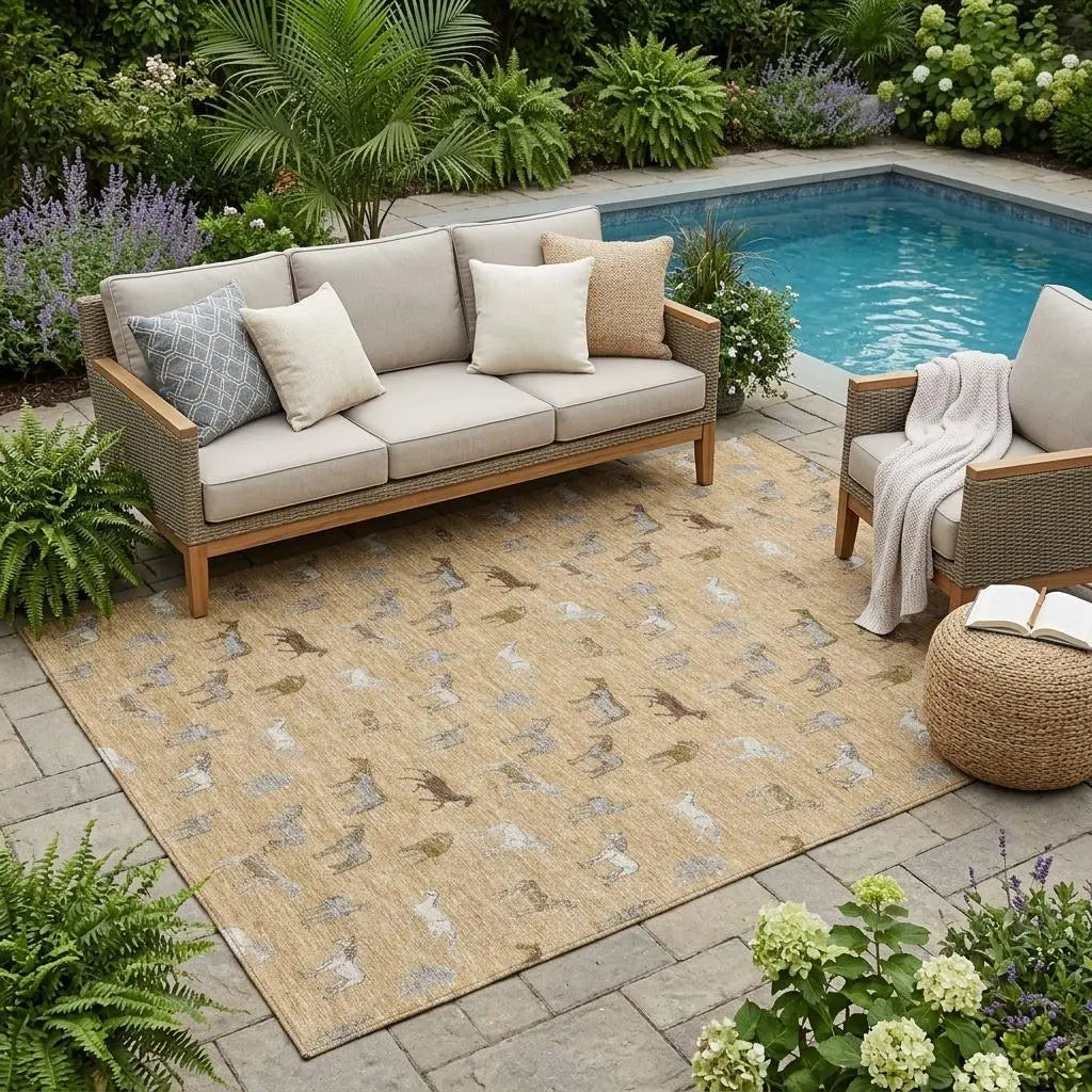 5' X 8' Gold And Beige Horse Washable Indoor Outdoor Area Rug Homeroots Outdoor