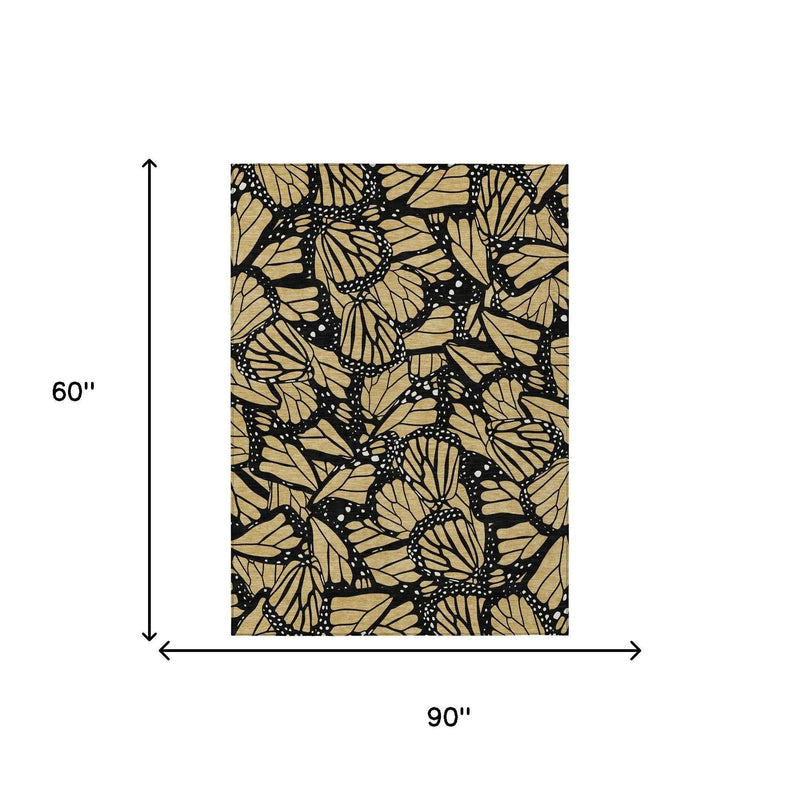 5' X 8' Gold And Black Animal Print Washable Indoor Outdoor Area Rug Homeroots Outdoor