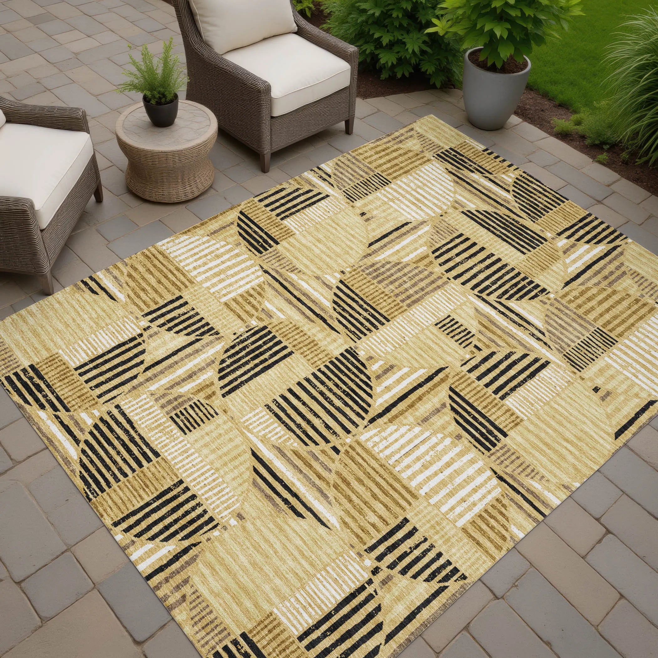5' X 8' Gold And Blue Geometric Washable Indoor Outdoor Area Rug Homeroots Outdoor