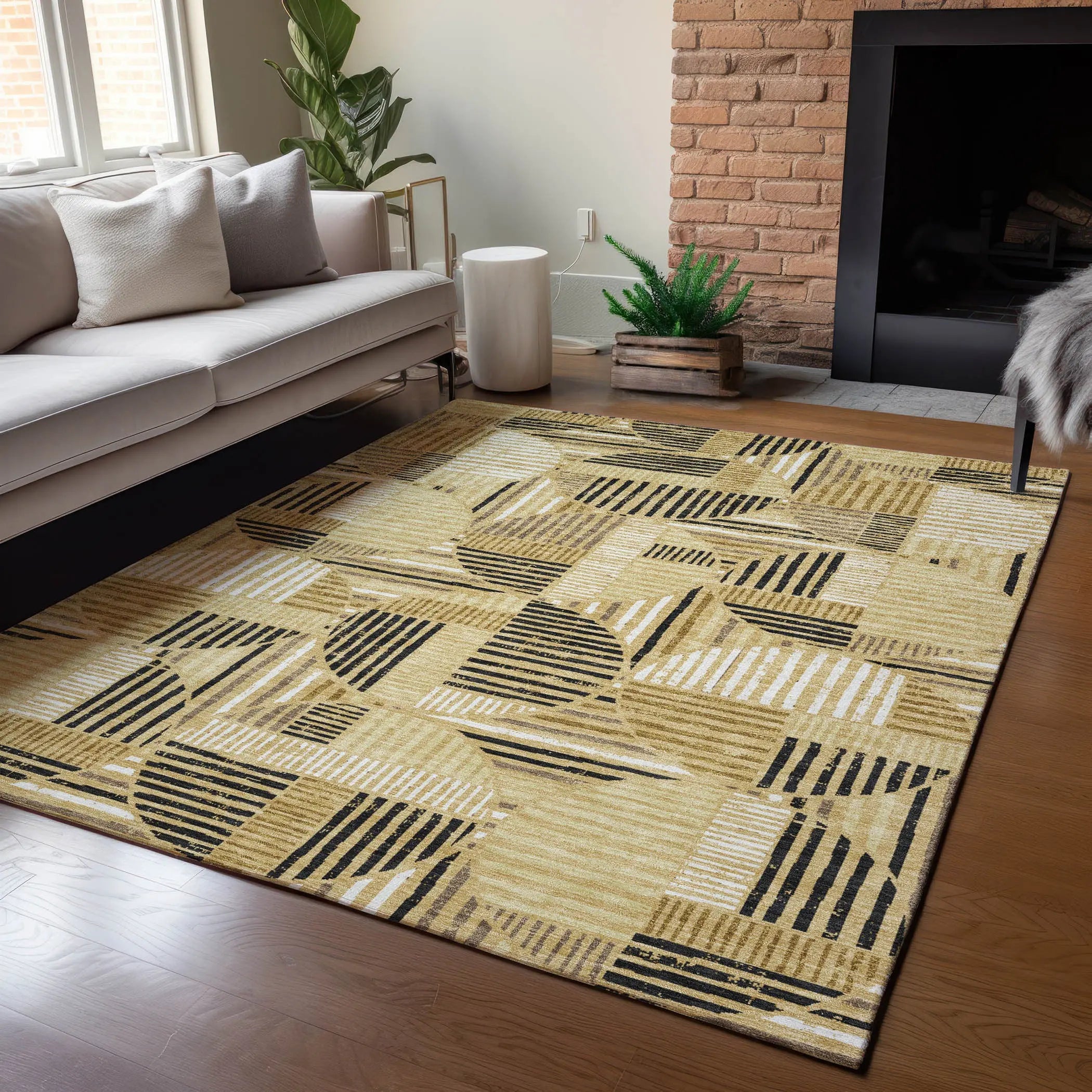 5' X 8' Gold And Blue Geometric Washable Indoor Outdoor Area Rug Homeroots Outdoor