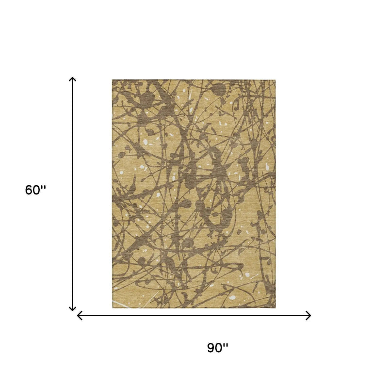 5' X 8' Gold And Brown Abstract Washable Indoor Outdoor Area Rug Homeroots Outdoor