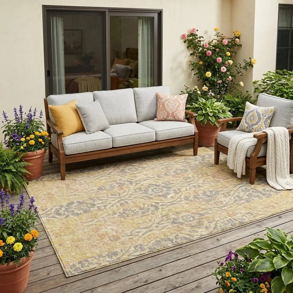 5' X 8' Gold And Brown Damask Washable Indoor Outdoor Area Rug Homeroots Outdoor